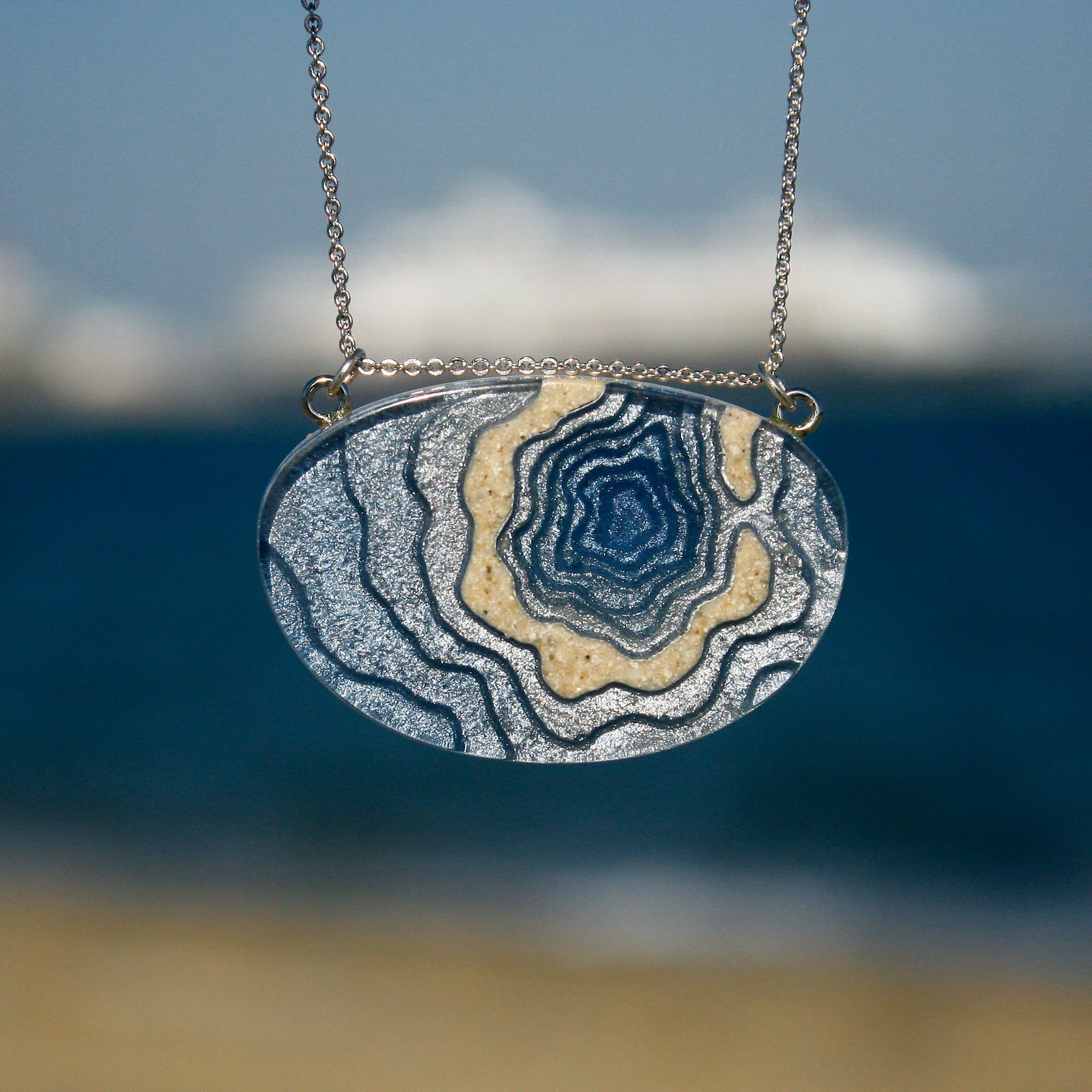 Silver Atoll Pendant Necklace – Aqua & Ultramarine Resin with Sand Design