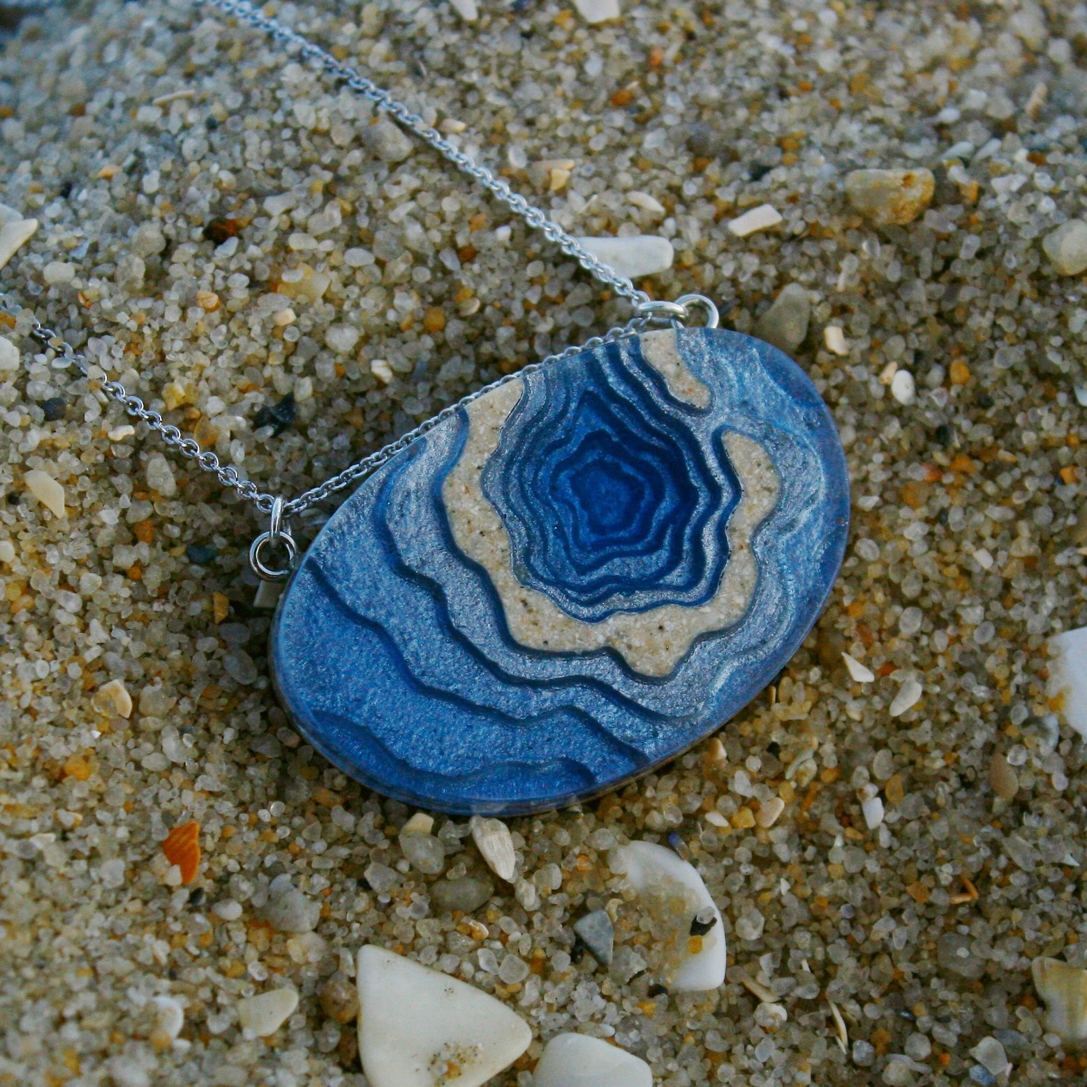 Silver Atoll Pendant Necklace – Aqua & Ultramarine Resin with Sand Design