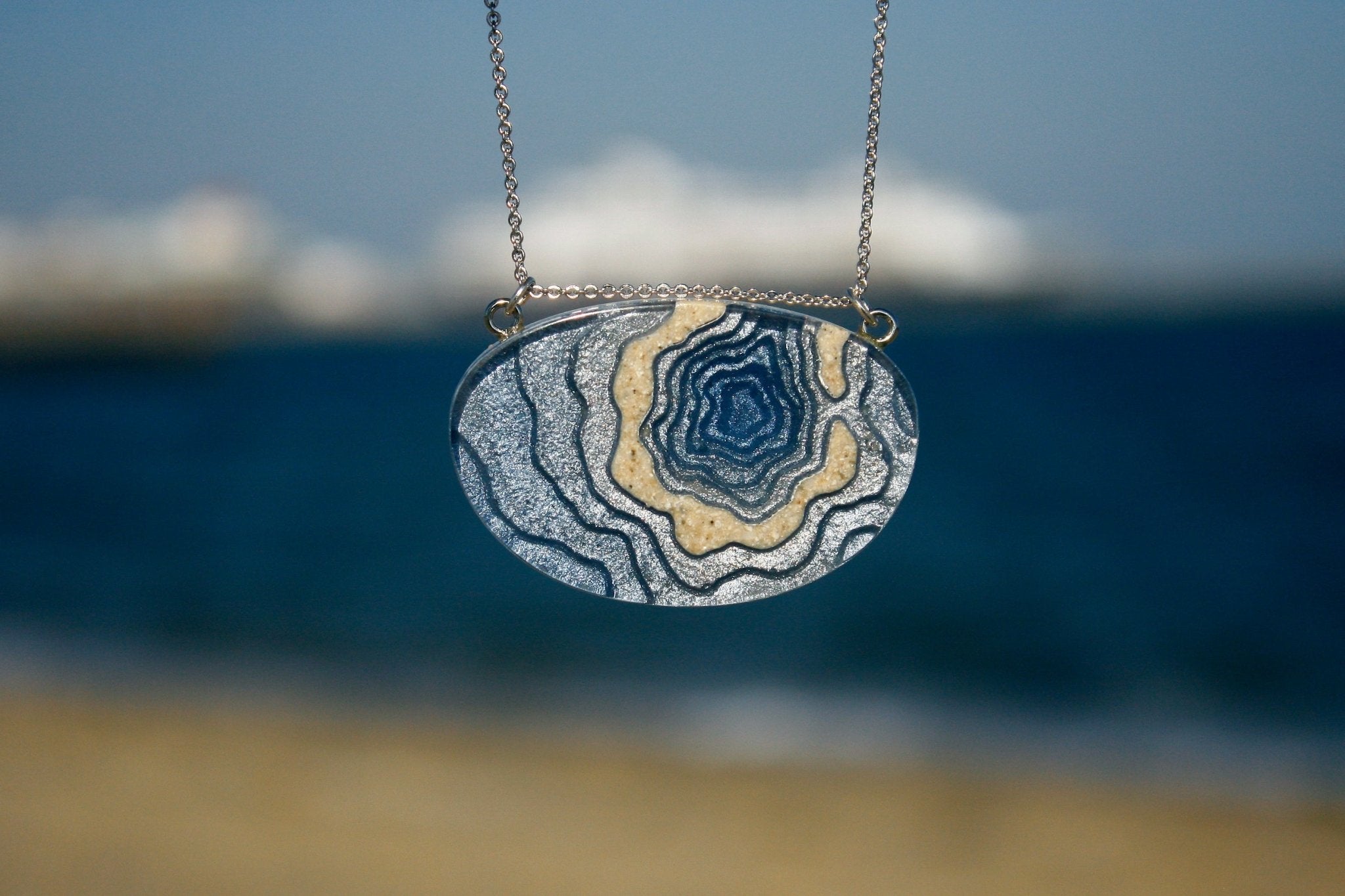 Silver Atoll Pendant Necklace – Aqua & Ultramarine Resin with Sand Design