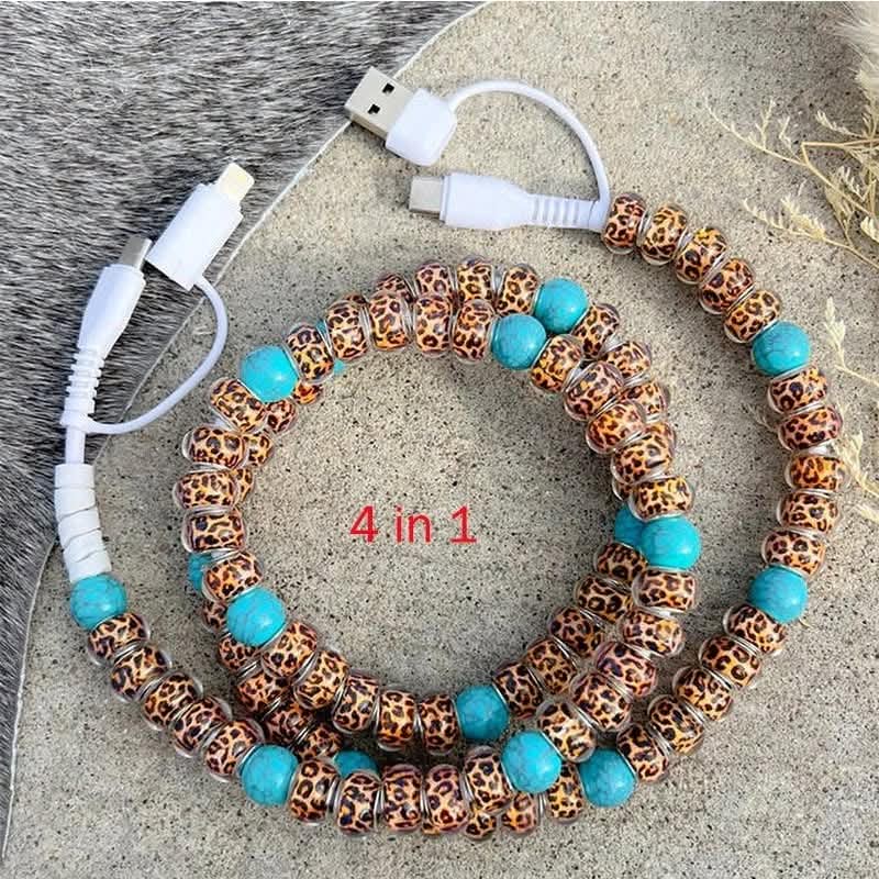 Beaded 4-in-1 charging cable with leopard print beads and teal accent beads