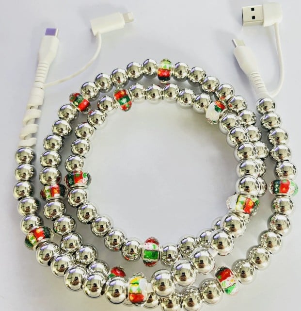 Beaded charging cable bracelet with shiny silver beads and red/green accent beads
