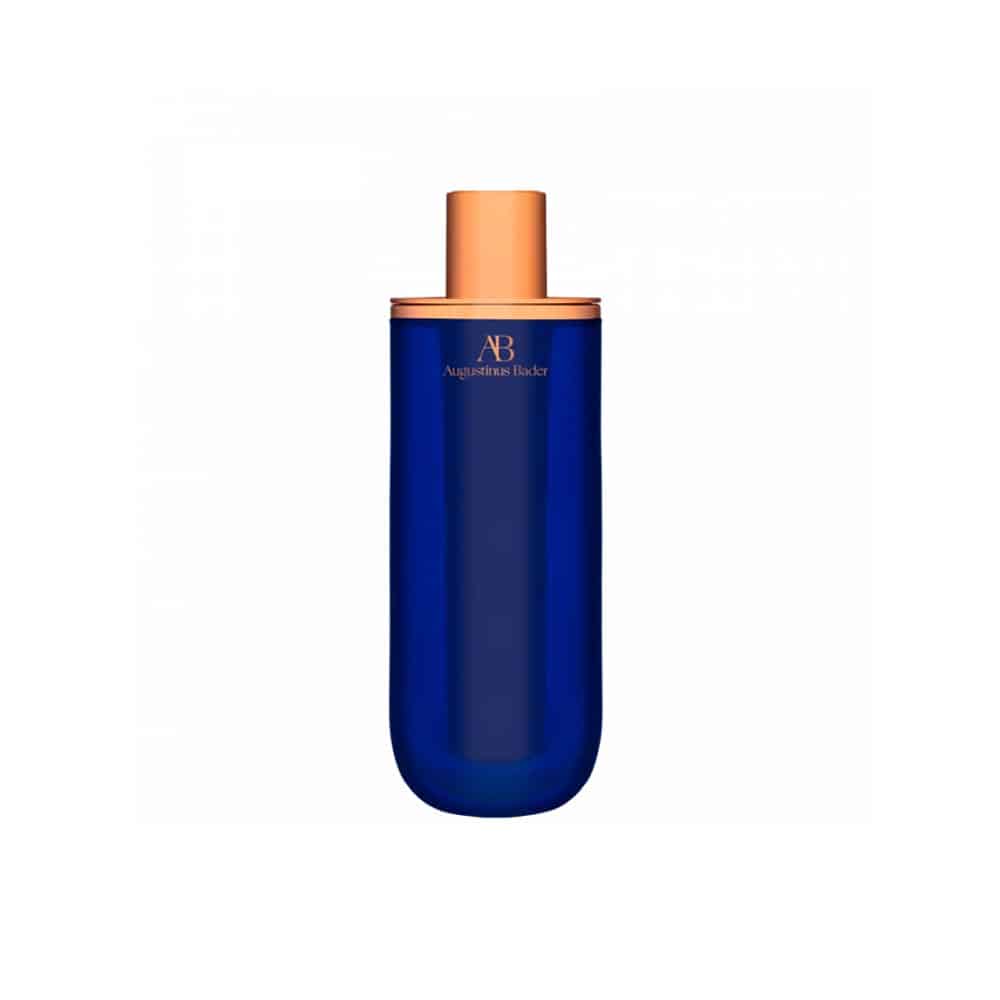 Serum bottle with dark blue body and orange pump cap