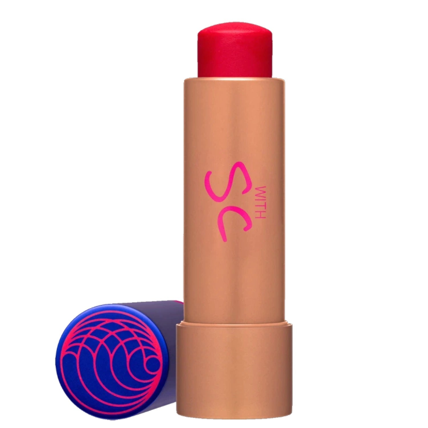 Tinted lip balm tube with red cap and blue side cap beside.