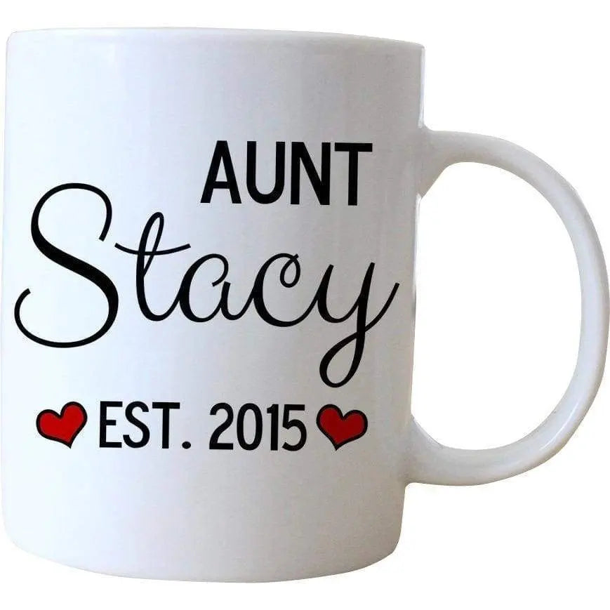 White coffee mug with 'AUNT Stacy' and 'EST. 2015' heart icons