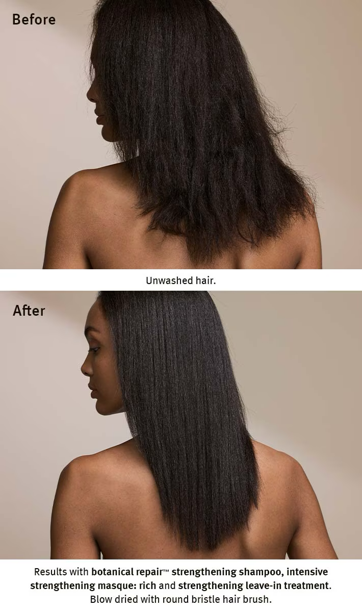 Sleek dark hair strands on shoulders, glossy and smoothed