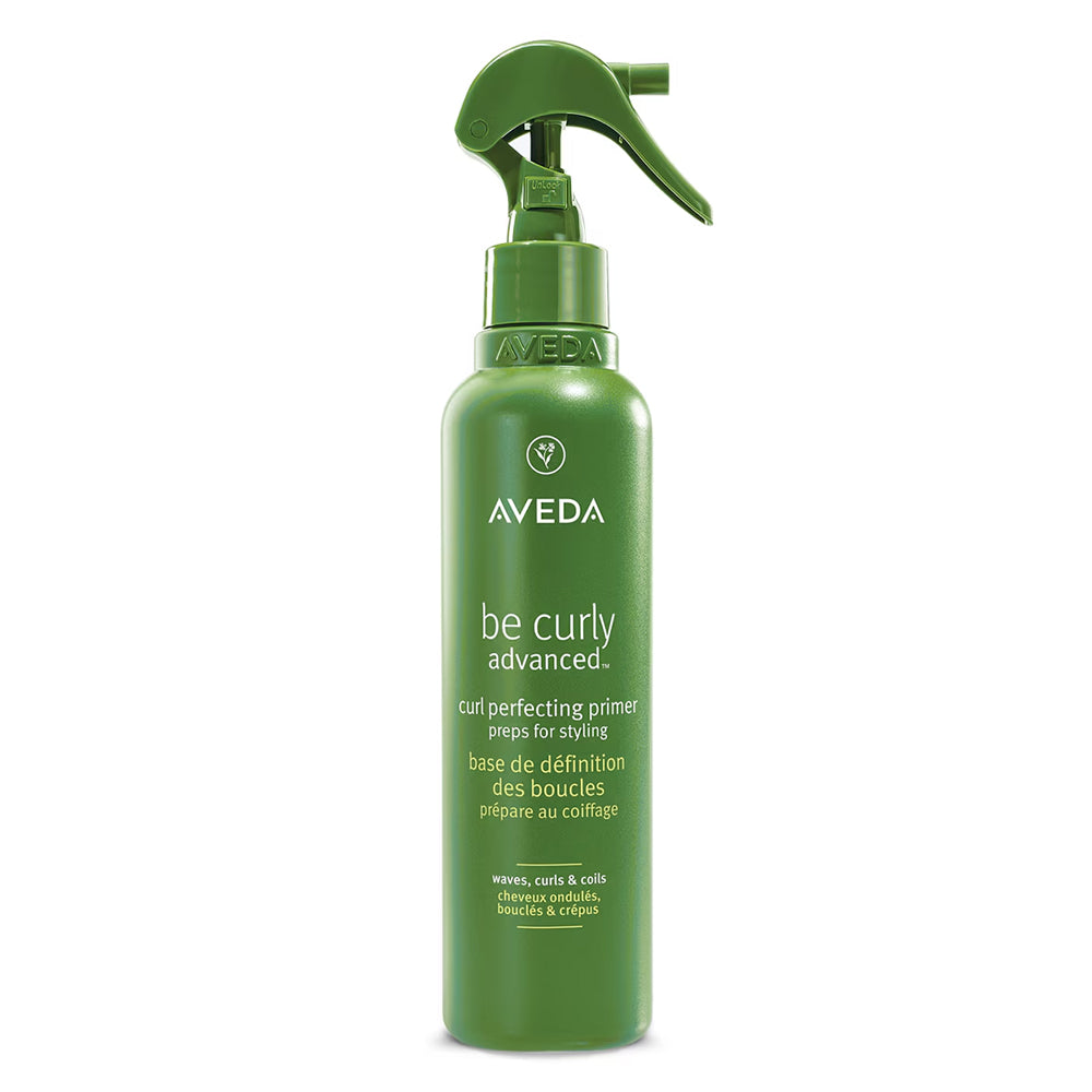 Aveda be curly advanced curl perfecting primer spray bottle, green pump