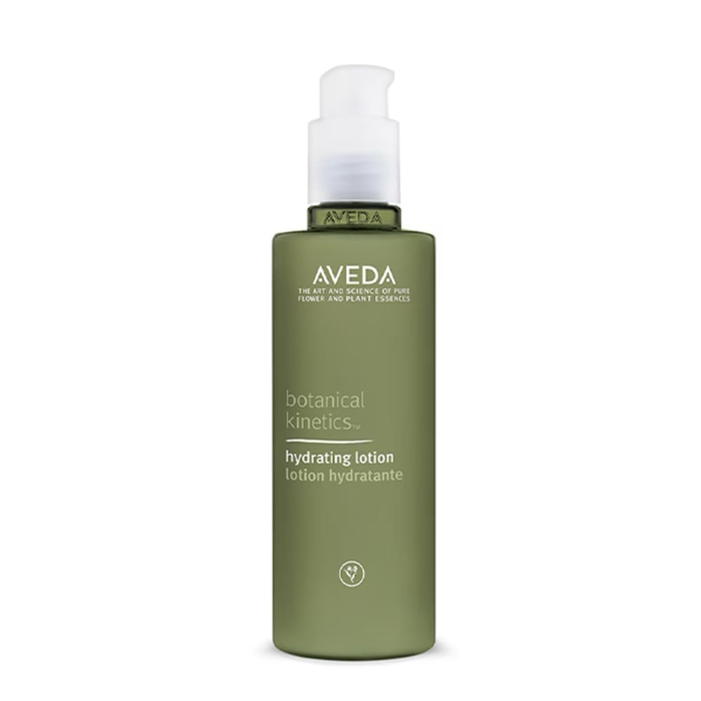 Aveda botanical kinetics hydrating lotion bottle with white pump, green label.
