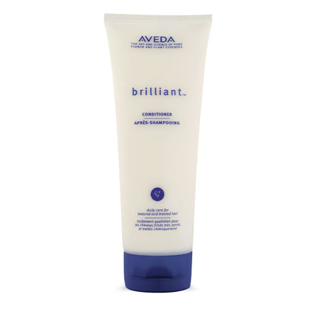 Aveda Brilliant Conditioner squeeze tube, white with blue cap and blue label text