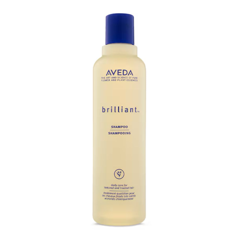 Aveda Brilliant shampoo bottle with blue cap, cream label, 250 ml