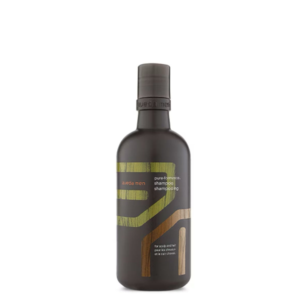 Aveda Men Pure-Formance shampoo bottle, dark with gold label, pump cap