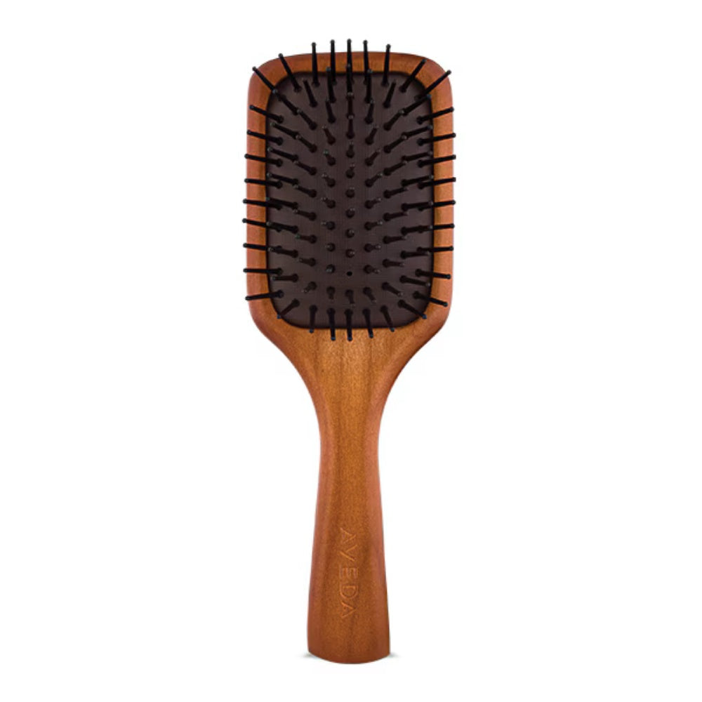 Wooden mini paddle hair brush with black bristle pad and rounded handle
