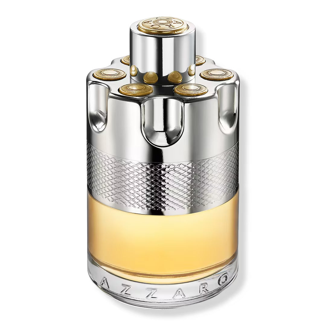 Perfume bottle with silver metal body, gold base, and gold cap