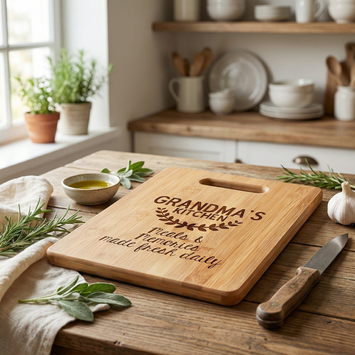 Rectangular wood cutting board with handle cutout and engraved “GRANDMA’S KITCHEN”