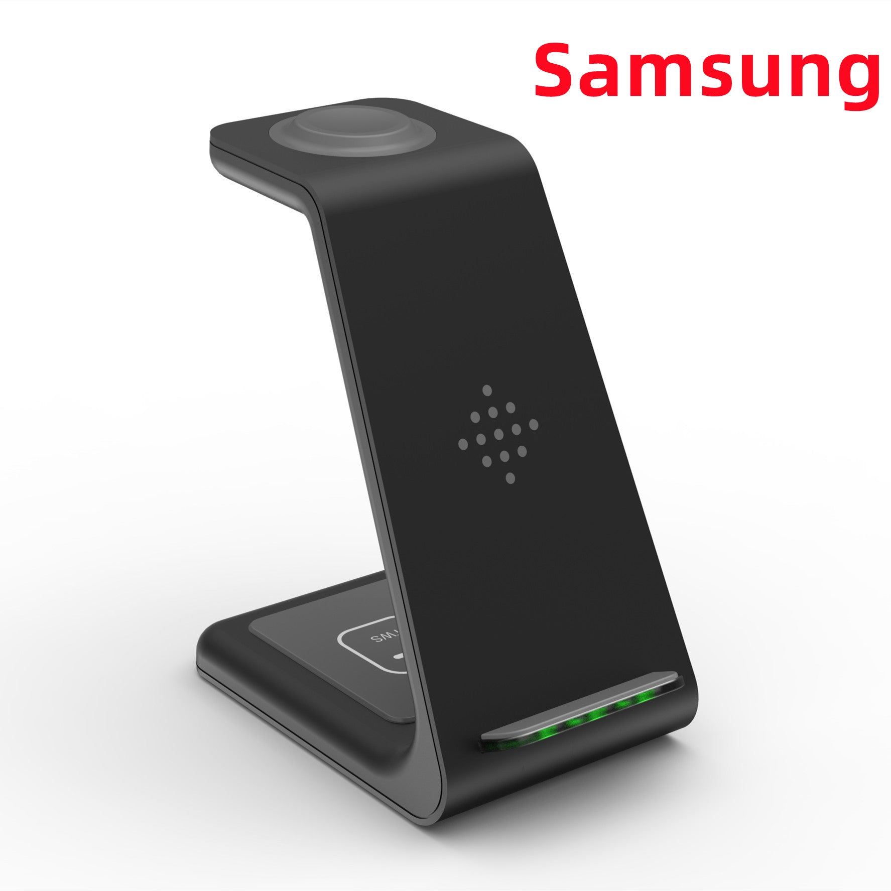 Black wireless charger stand dock with vertical phone holder and green status LED