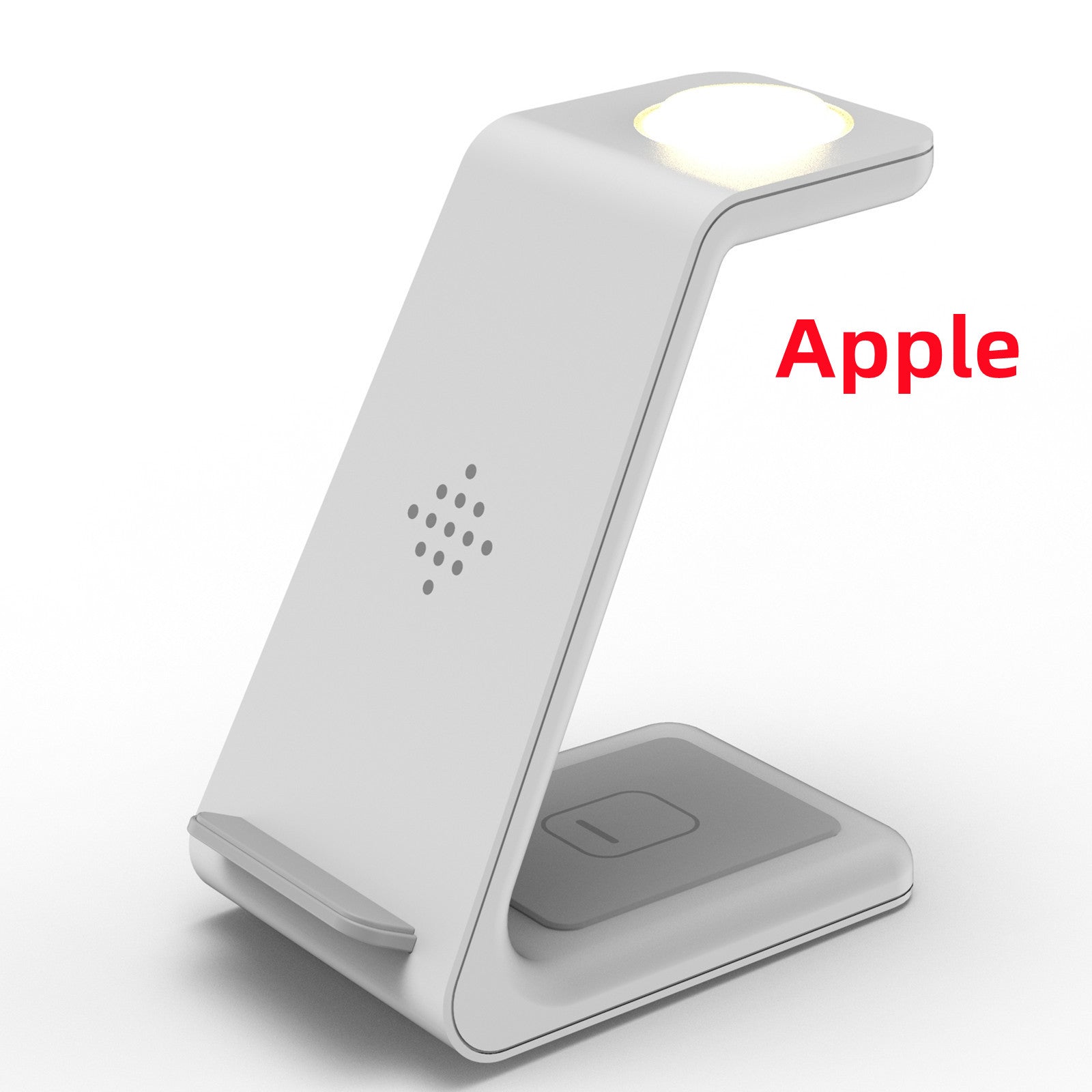 Wireless charging stand with angled phone holder, white base and glowing top indicator light