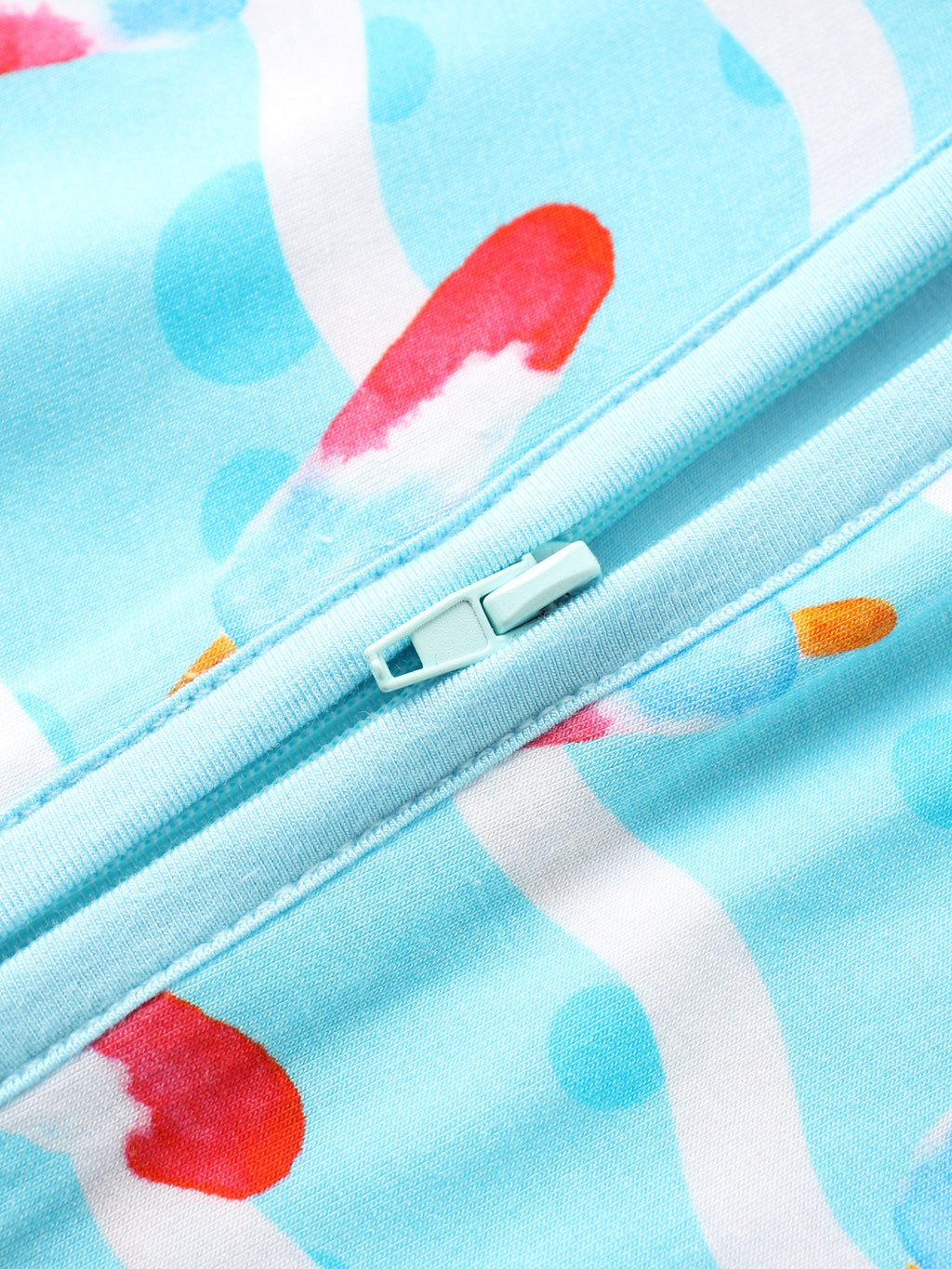 PoshTOT baby romper zipper pull on light blue with red ice cream and white swirl print