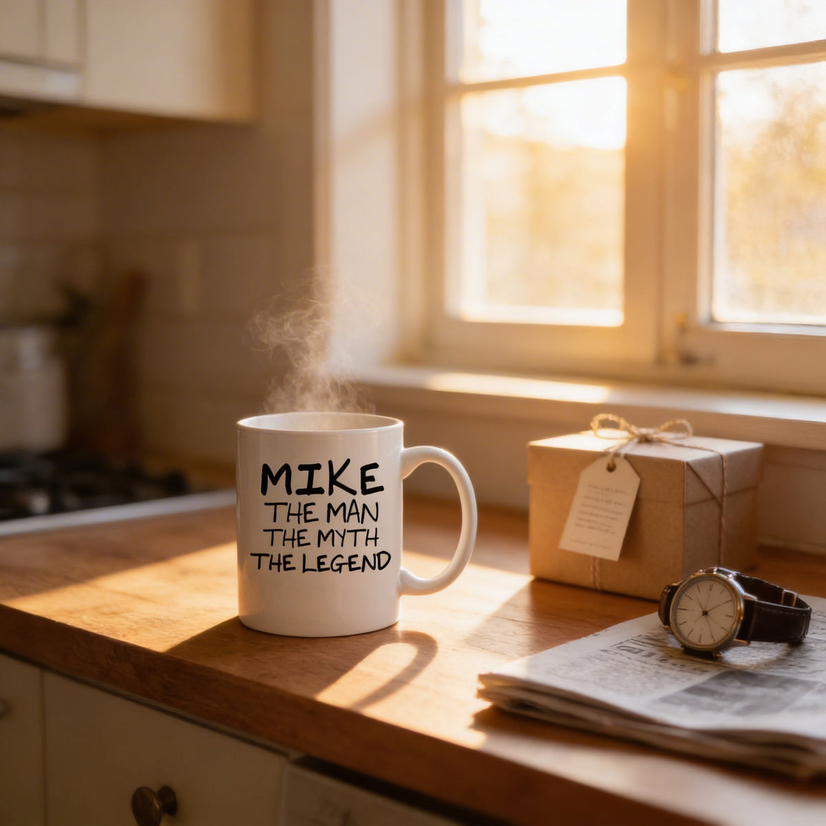 White coffee mug with black "MIKE THE MAN THE MYTH THE LEGEND" printed on front