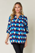 Printed Notched Neck Blouse with Short Sleeves