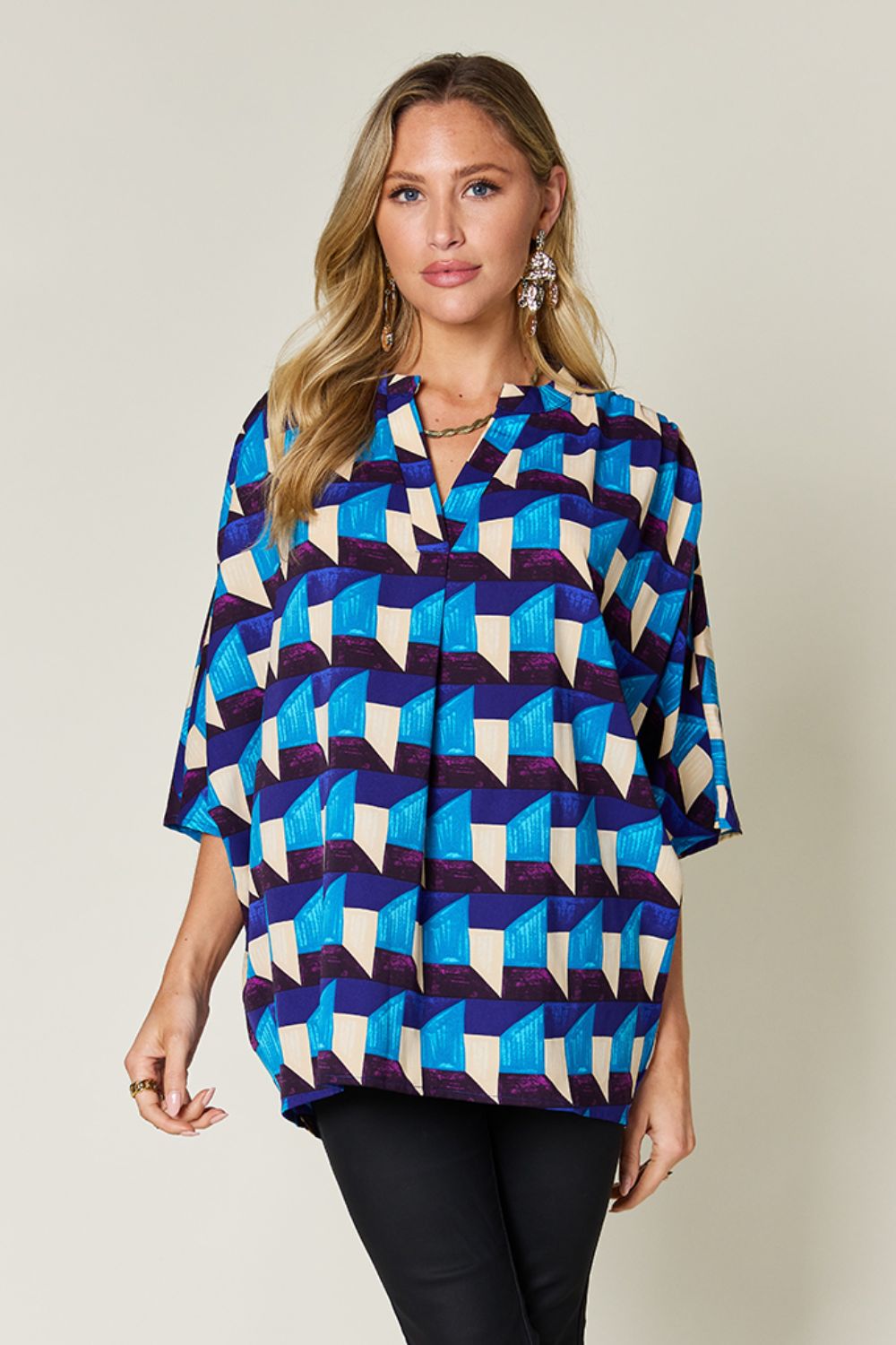 Printed Notched Neck Blouse with Short Sleeves