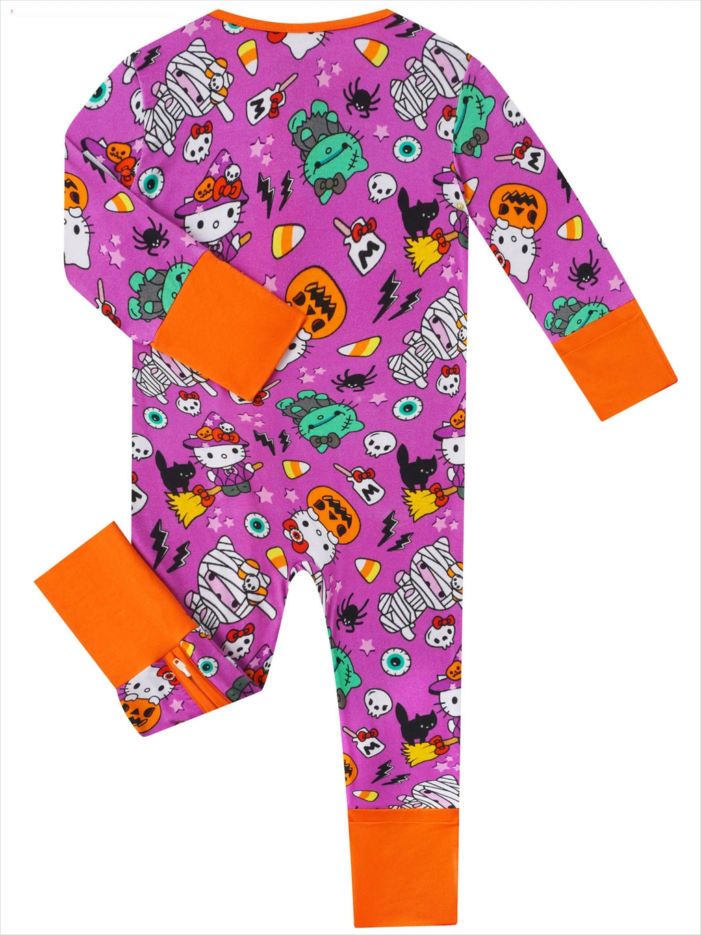 Baby zip-up romper in purple with orange cuffs and scattered cartoon character print