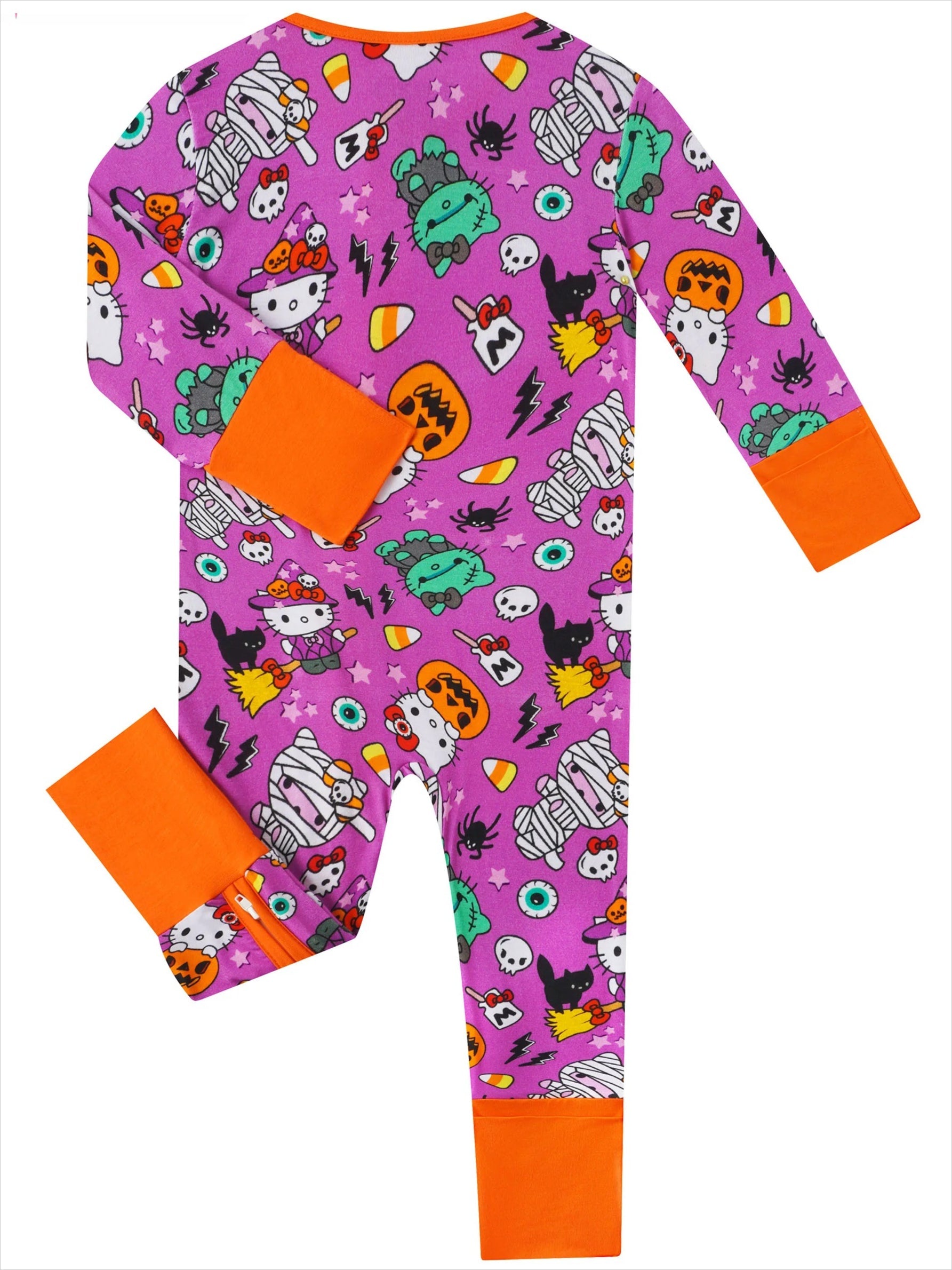 Baby zip-up romper in purple with orange cuffs and scattered cartoon character print