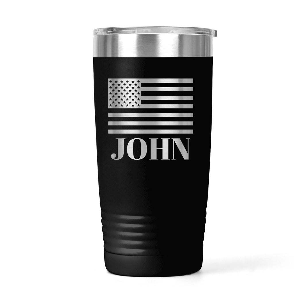 Insulated black tumbler with white patriotic flag graphic and 'JOHN' name