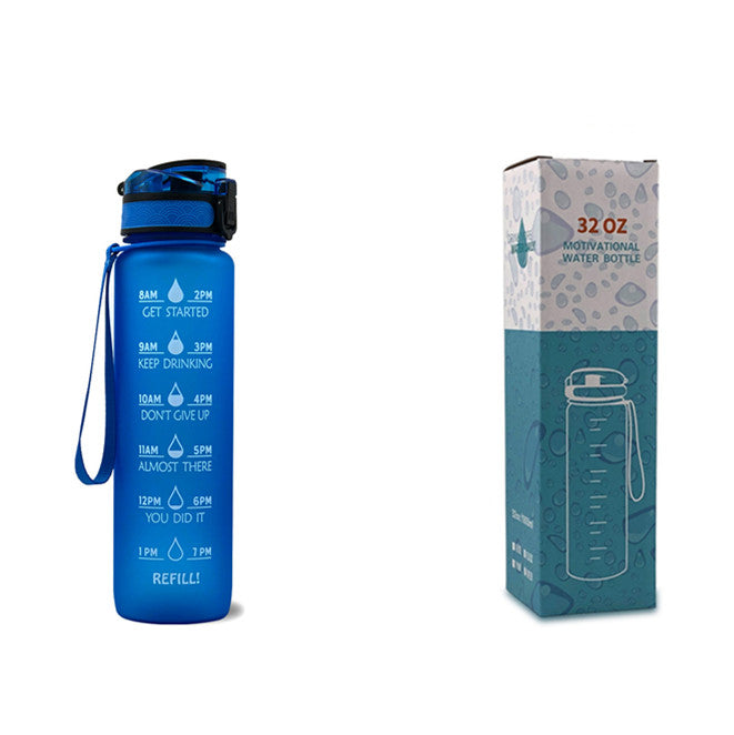 1L motivational time-marker water bottle with bounce cover, blue gradient, carry loop