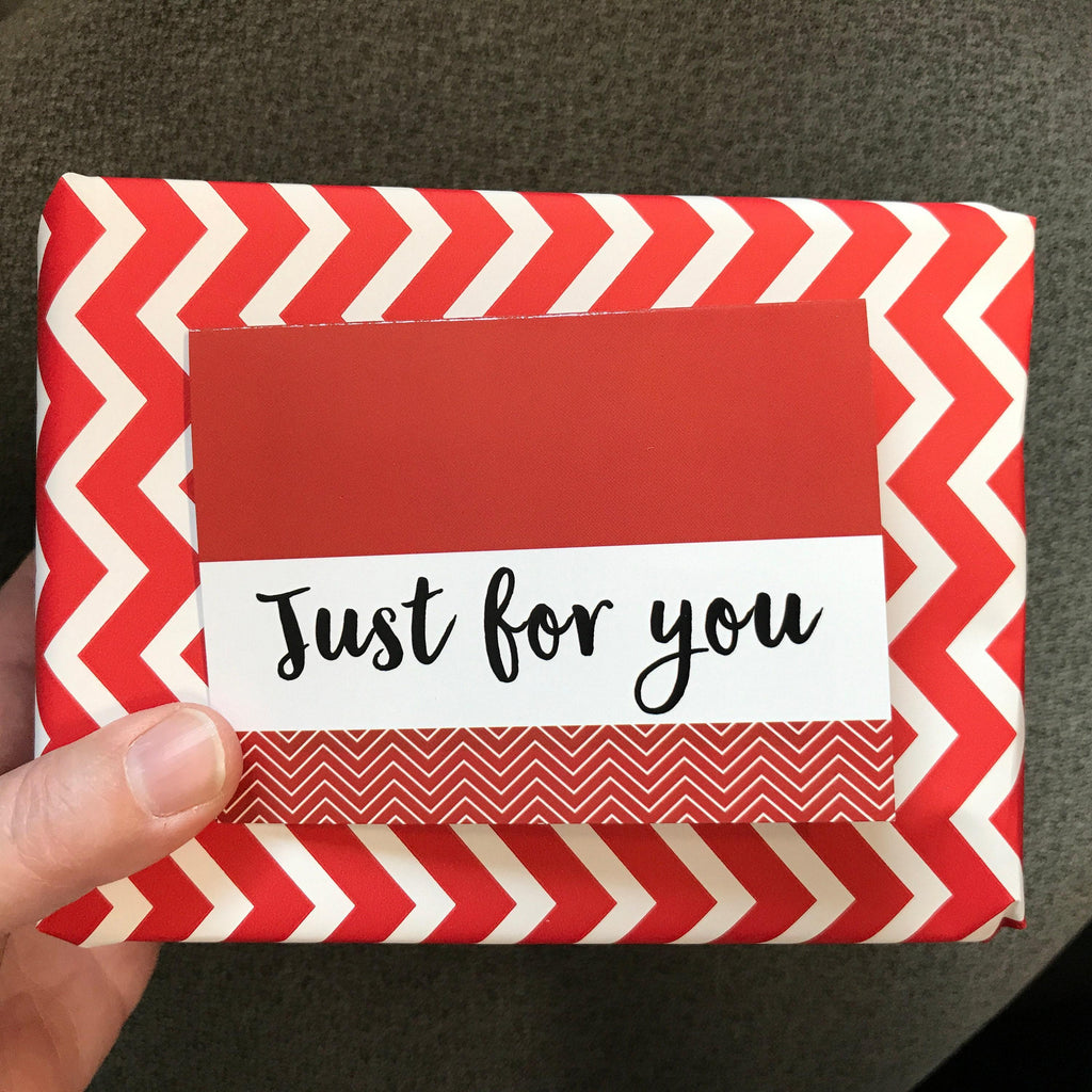 Red and white chevron gift card reading "Just for you"
