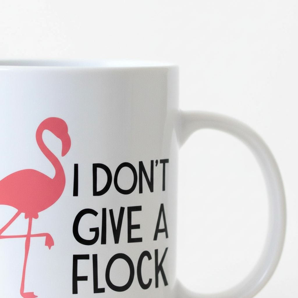 Close-up of white ceramic mug with pink flamingo and 'I DON'T GIVE A FLOCK'
