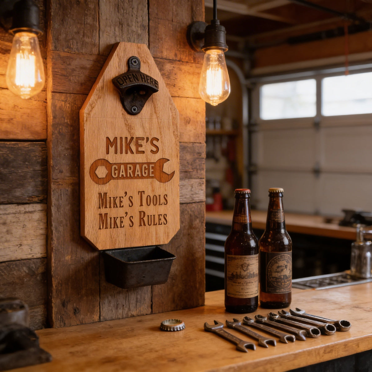 Personalized wood garage sign with metal bottle opener, mounted on a wall