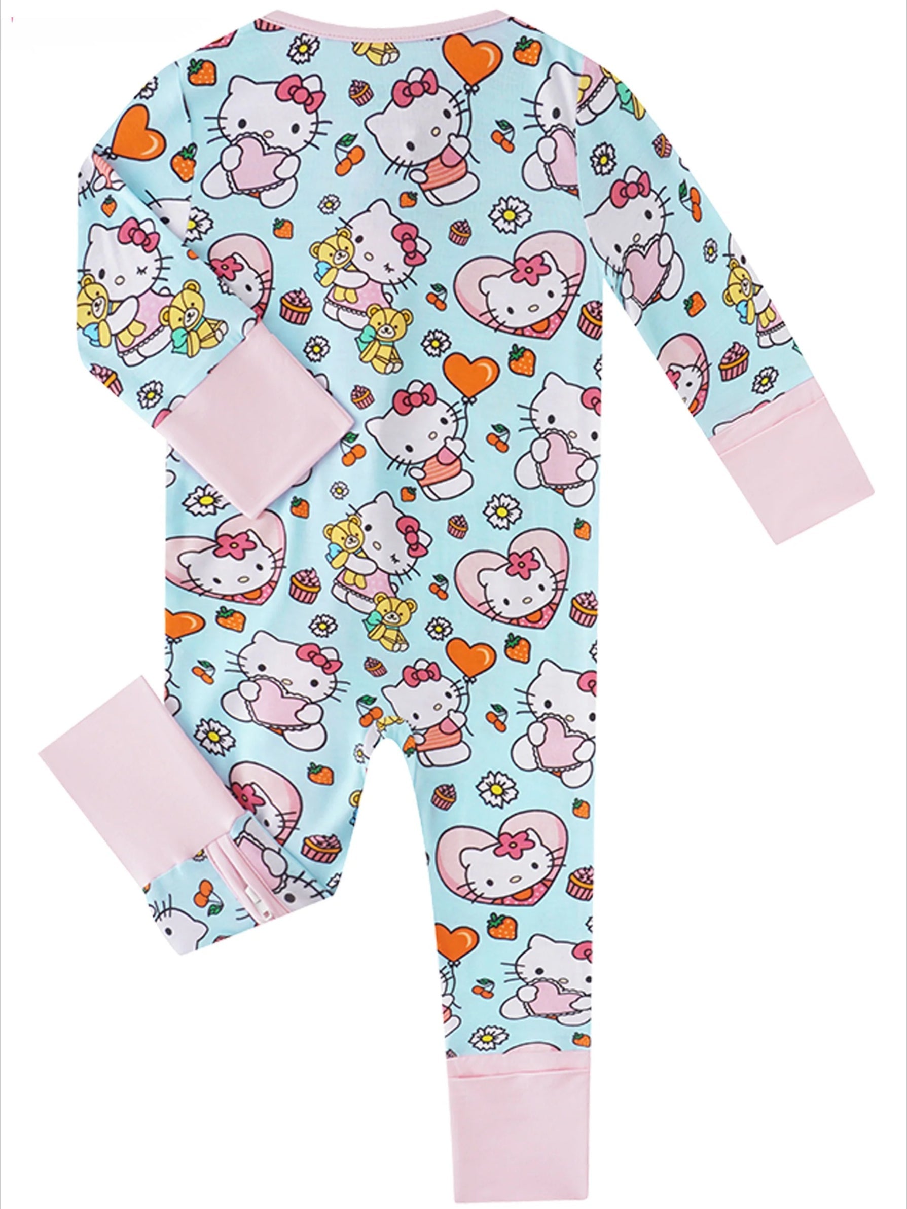 Bamboo baby romper pajama with allover Hello Kitty friends print and pink cuffs