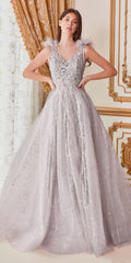 Silver-toned feather-shoulder tulle A-line ball gown with V-neck and fitted bodice