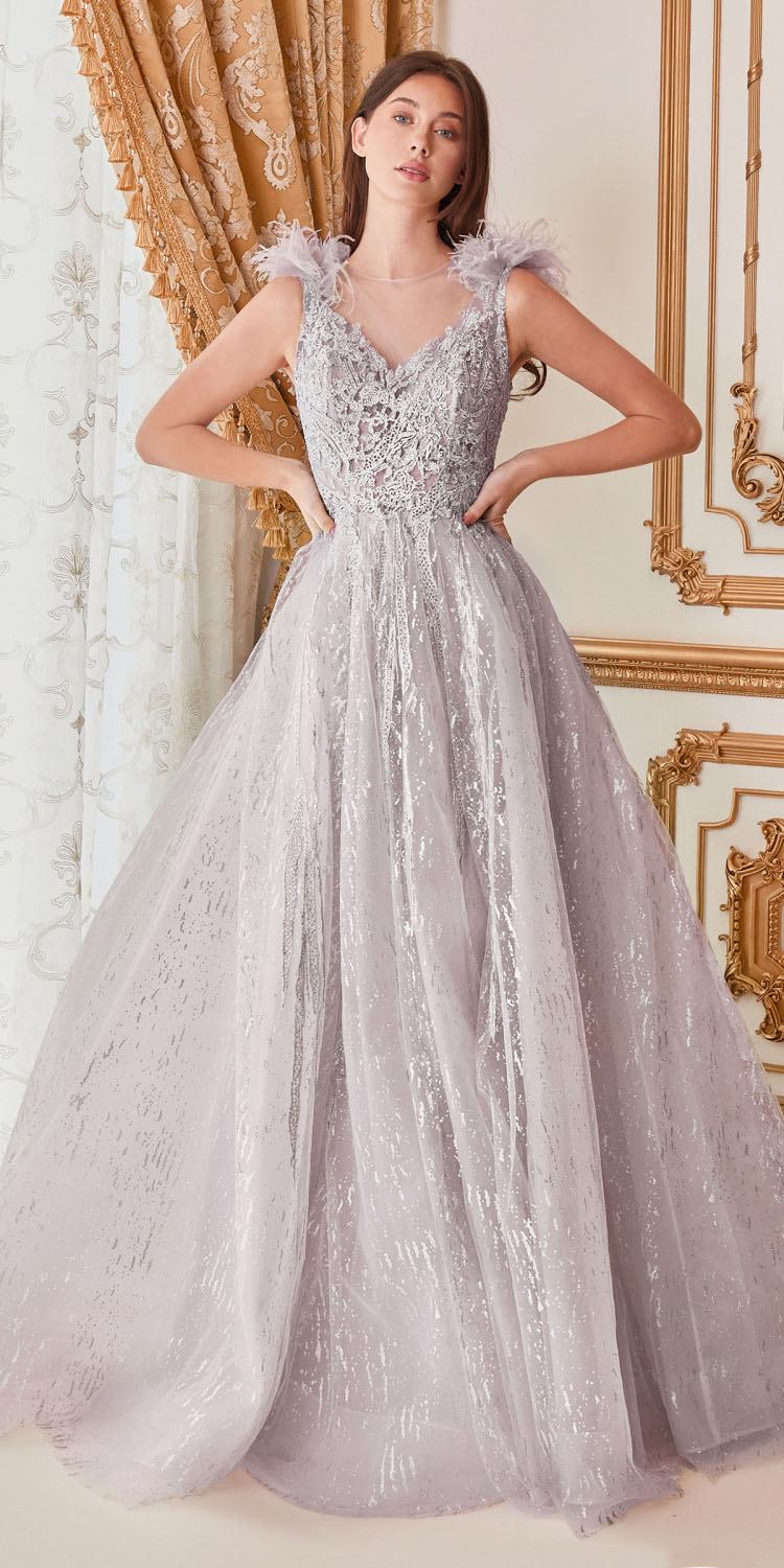 Silver-toned feather-shoulder tulle A-line ball gown with V-neck and fitted bodice