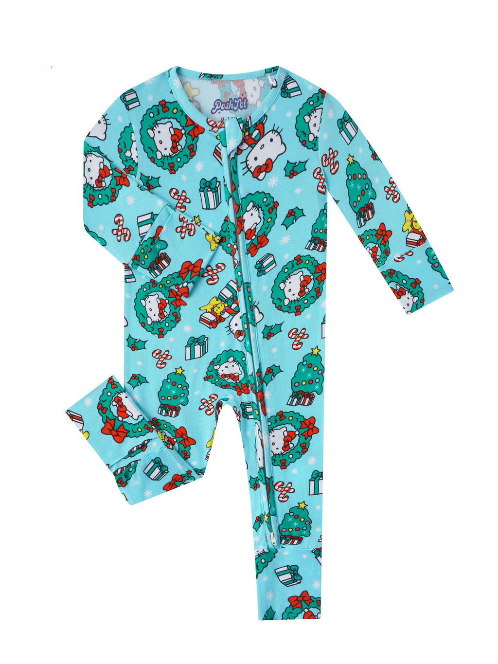 Baby convertible zippy romper, light blue with festive animal wreath pattern and long sleeves