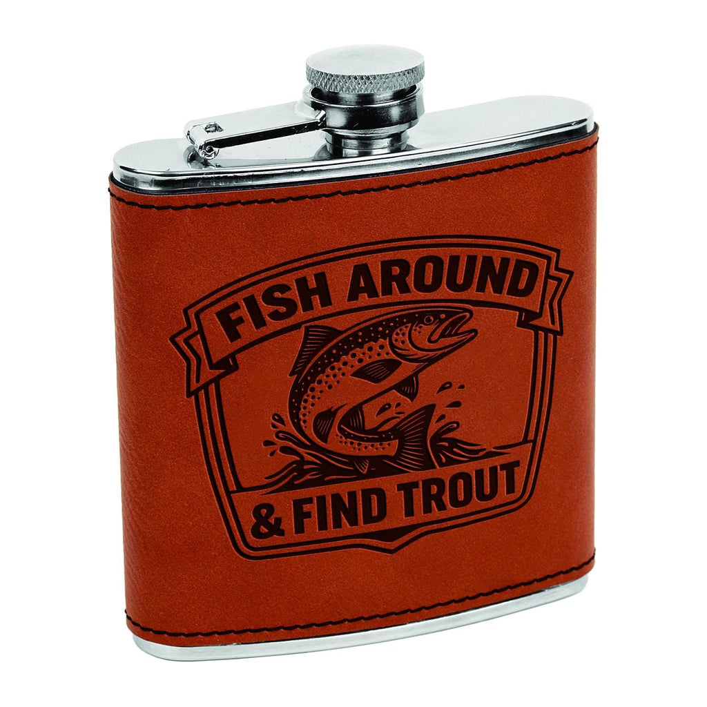 Engraved stainless steel hip flask with dark leather front panel and trout logo
