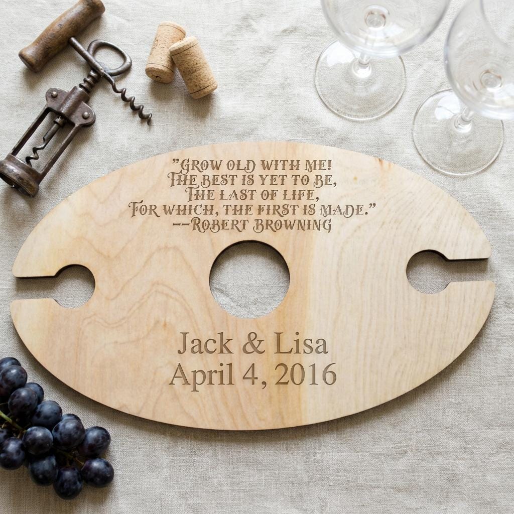 Rustic engraved wood wine holder with cutouts and couple names Jack & Lisa, date