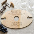 Rustic engraved wood wine holder with cutouts and couple names Jack & Lisa, date