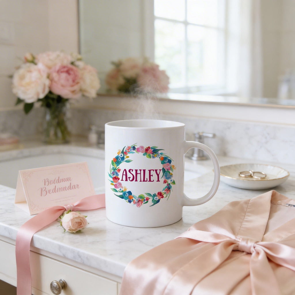 White mug on a table with floral wreath and the name "ASHLEY"