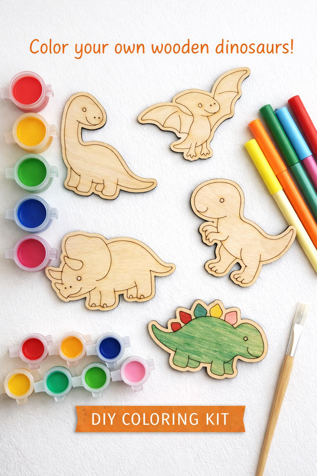 Wooden dinosaur cutouts with paint pots and brushes for a DIY coloring kit