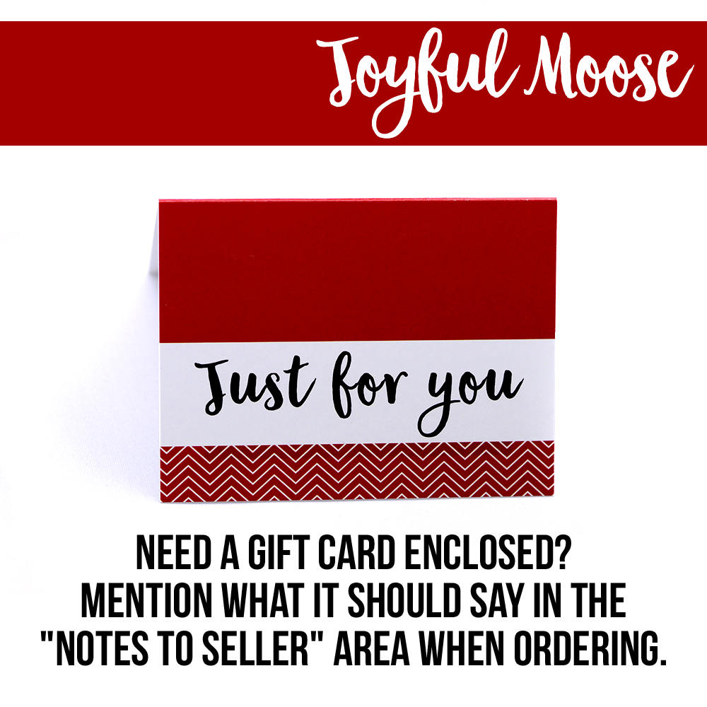 Red and white gift card message card reading "Just for you" with holiday text.