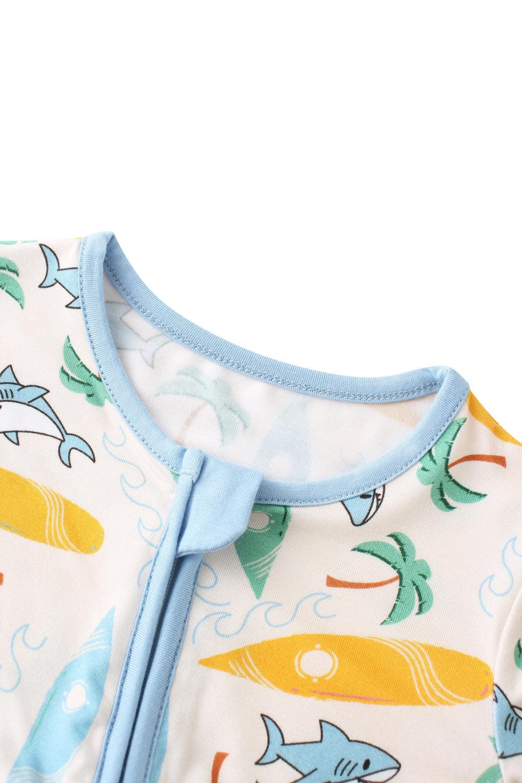 Convertible baby romper neckline, cream with light-blue trim and sea-animal print