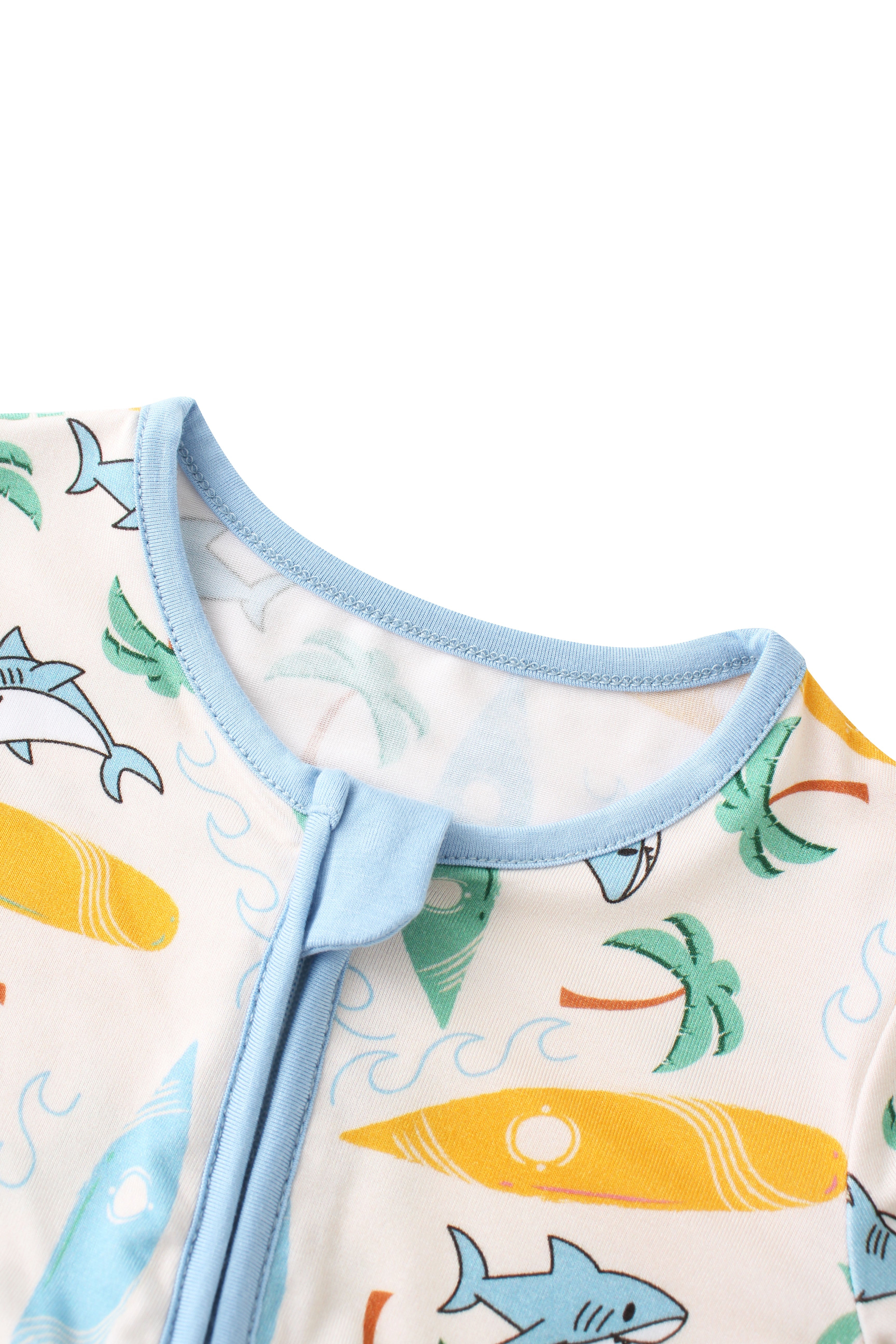 Convertible baby romper neckline, cream with light-blue trim and sea-animal print
