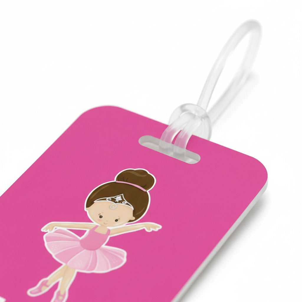 Hot pink tag close-up with ballerina graphic and name Erin on the top loop