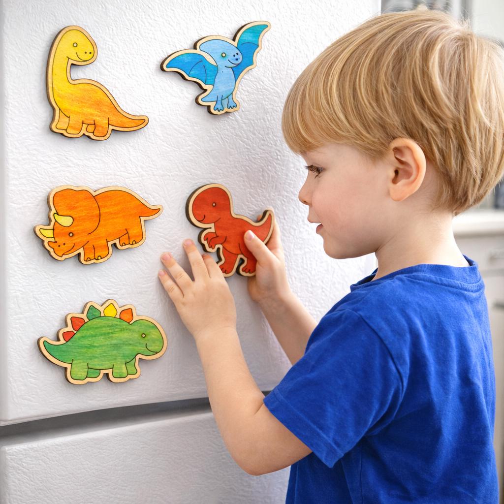 Child placing wooden dinosaur magnets on a board, kids painting craft set