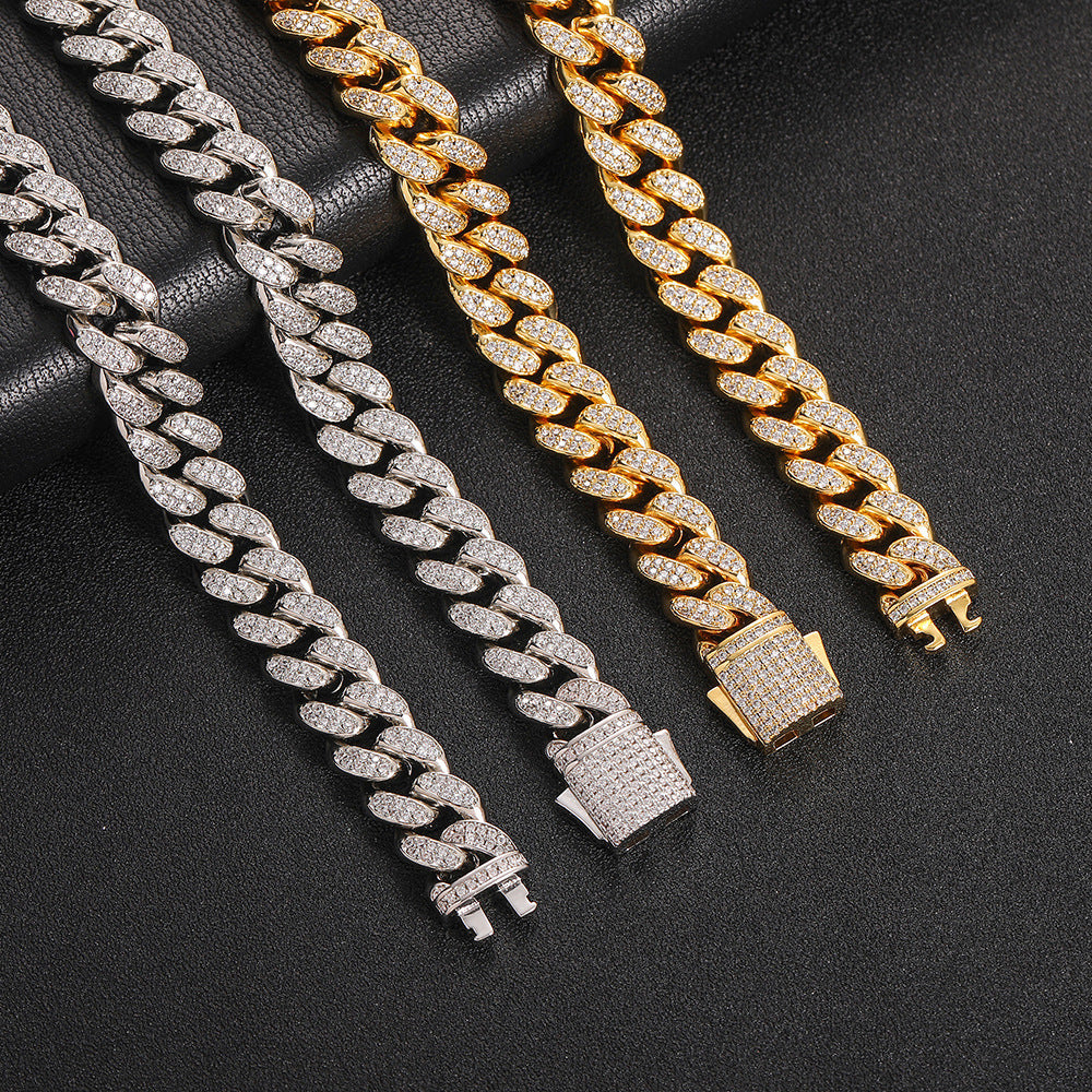 European Hip Hop Ornament 12mm Spring Fastener Double Row Zircon Necklace Bracelet