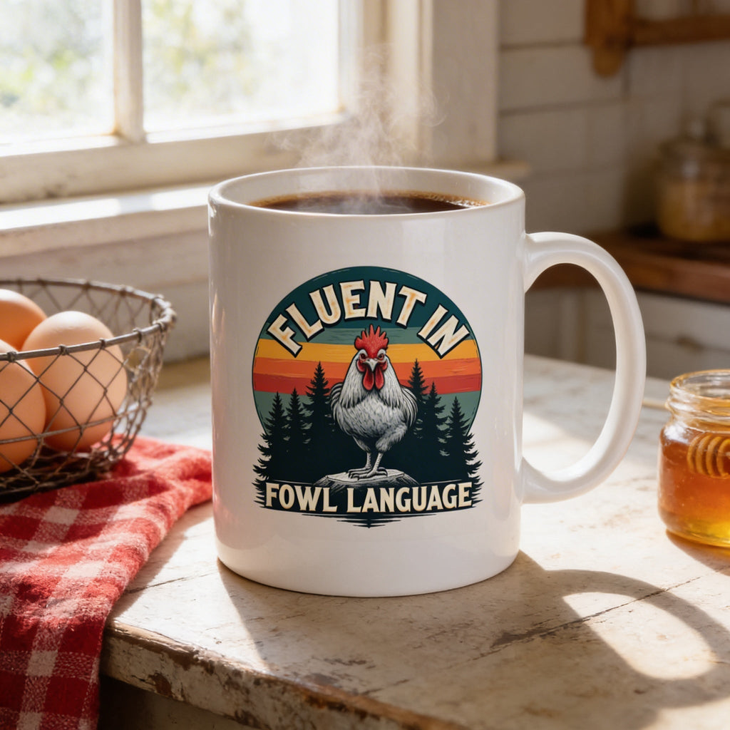 White ceramic coffee mug with rooster graphic and “FLUENT IN FOWL LANGUAGE” text