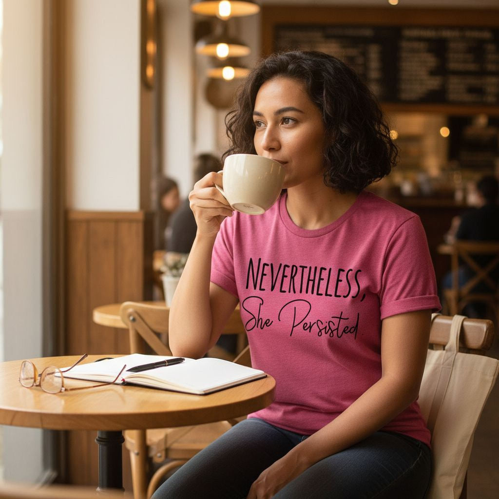 Raspberry pink women's graphic tee with 'Nevertheless, She Persisted' print, crew neck