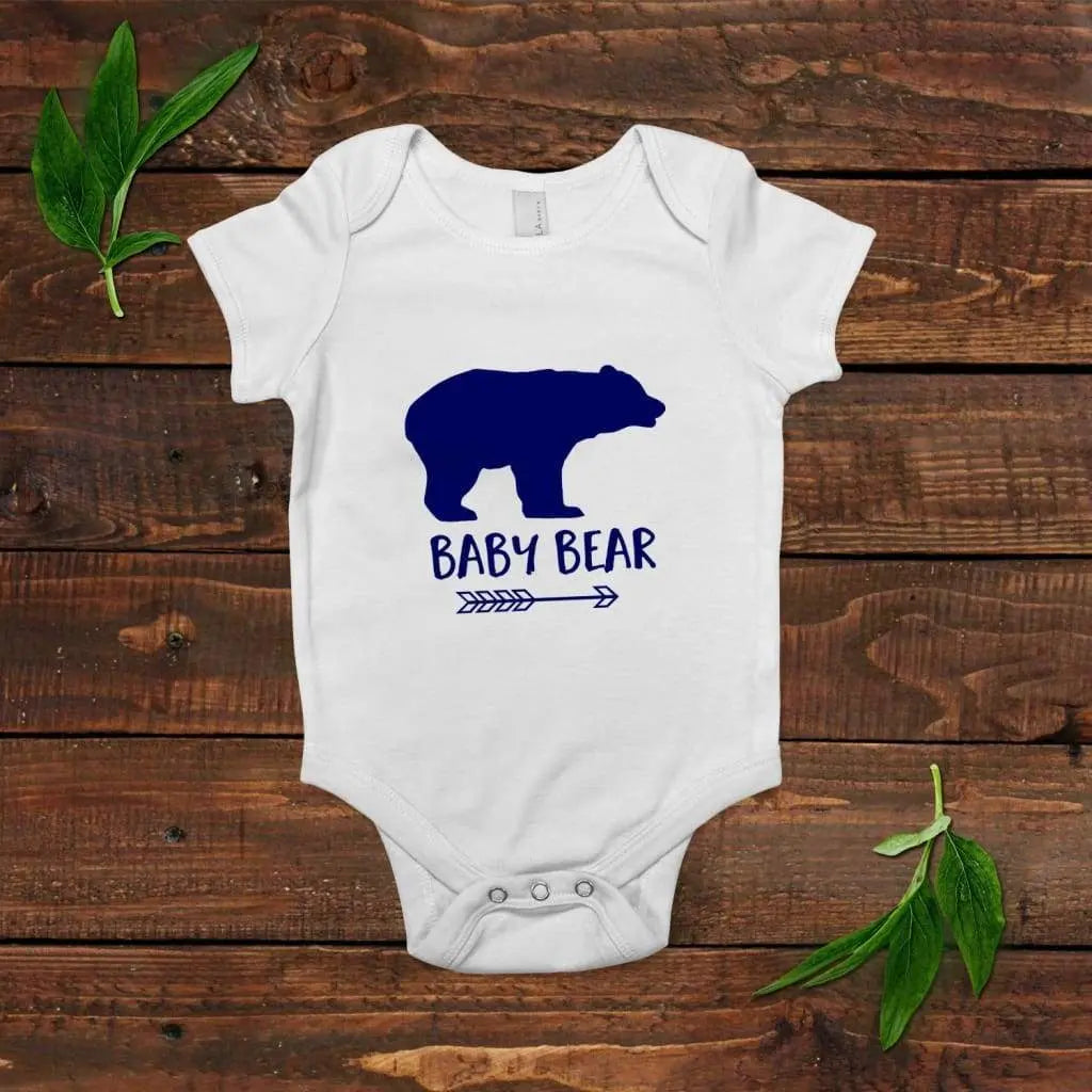 Baby bear graphic baby bodysuit, short-sleeve white onesie with blue bear and snaps