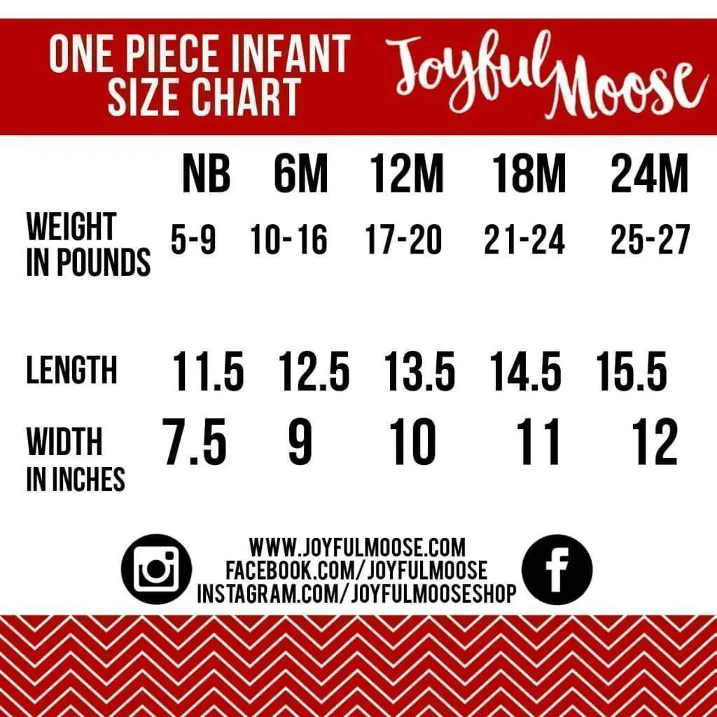Infant one-piece size chart with measurements for NB to 24M