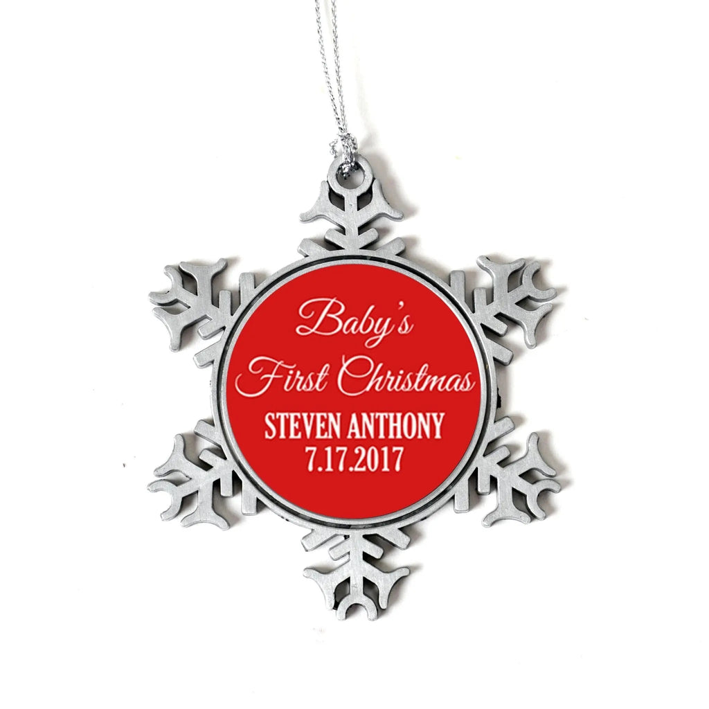 Personalized baby’s first Christmas ornament with red date medallion and silver snowflake frame